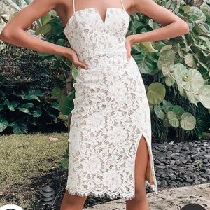 Lulu’s White Crochet Lace Bodycon Midi Dress (Bridal, rehearsal dinner)